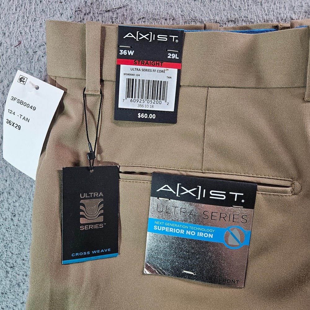 $60 NEW Axist Pants Men 36 x 29 Straight Flat Front‎ Khaki